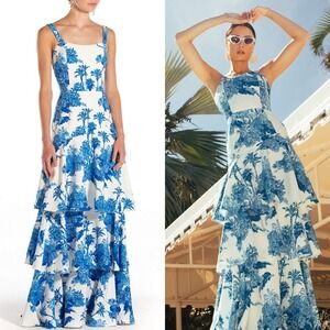 Mestiza New York Torero Tropical Palm Toile Tiered Ruffled Maxi‎ Dress - Size 14